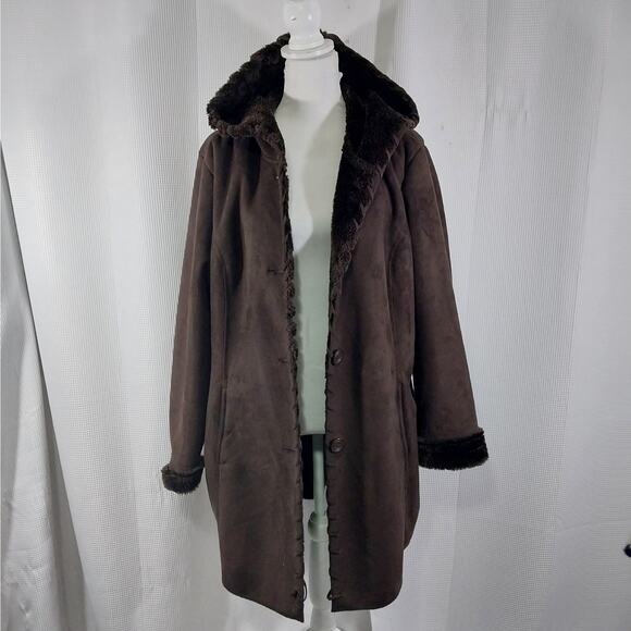 DENIM & CO.! RICH ESPRESSO BROWN VEGAN SUEDE & SHEARLING LINED JACKET! SZ XL - Picture 4 of 14